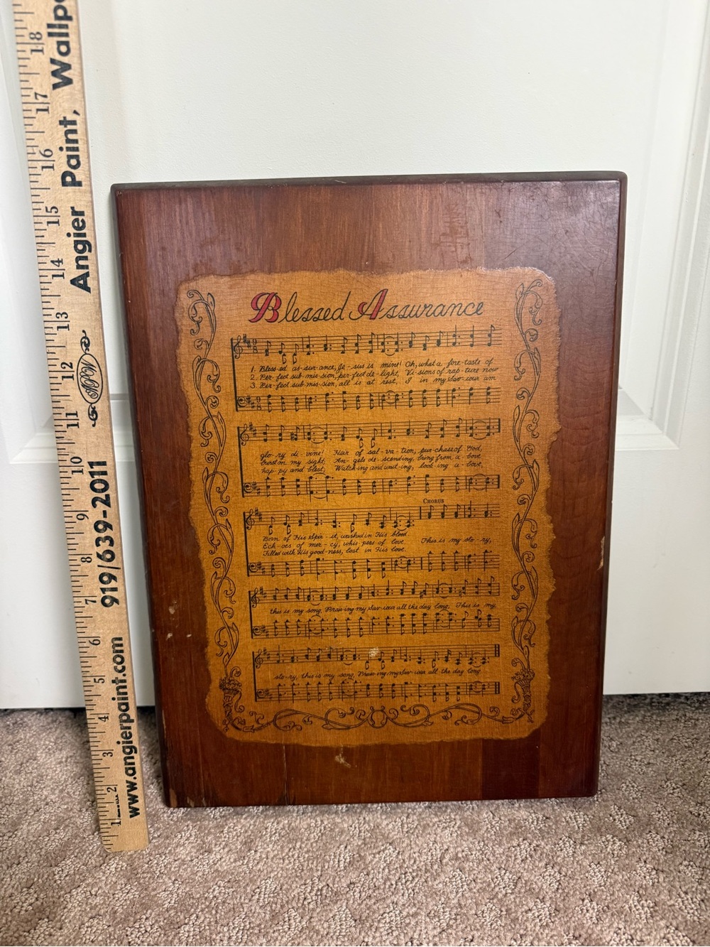 Vintage Blessed Assurance Framed Wood Hymn Plaque - Brown